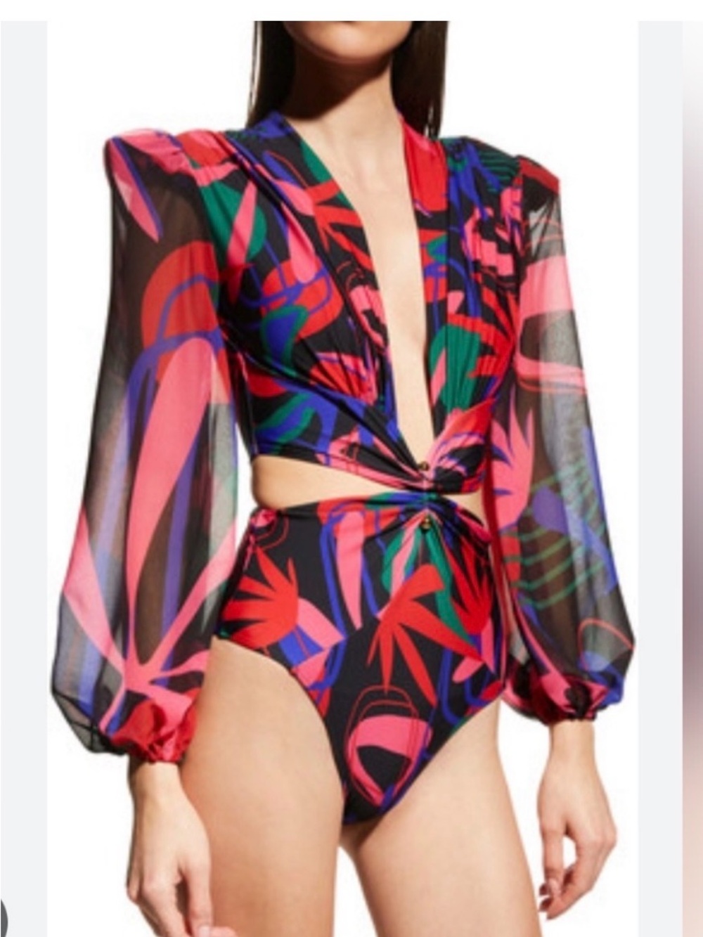 NWT PatBO Multicolor Sheer Long-Sleeve Twist Cutout Bodysuit XS